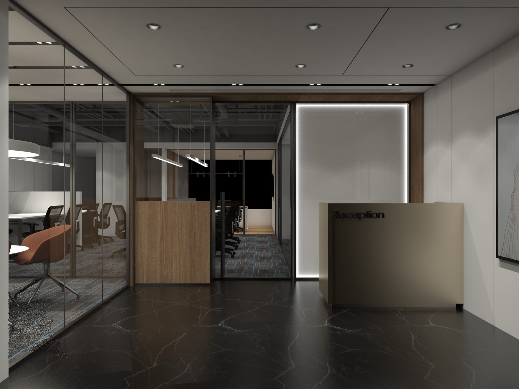 Reception with a backlit Reception desk, black marble flooring and glass-partitioned meeting rooms and workstations beyond