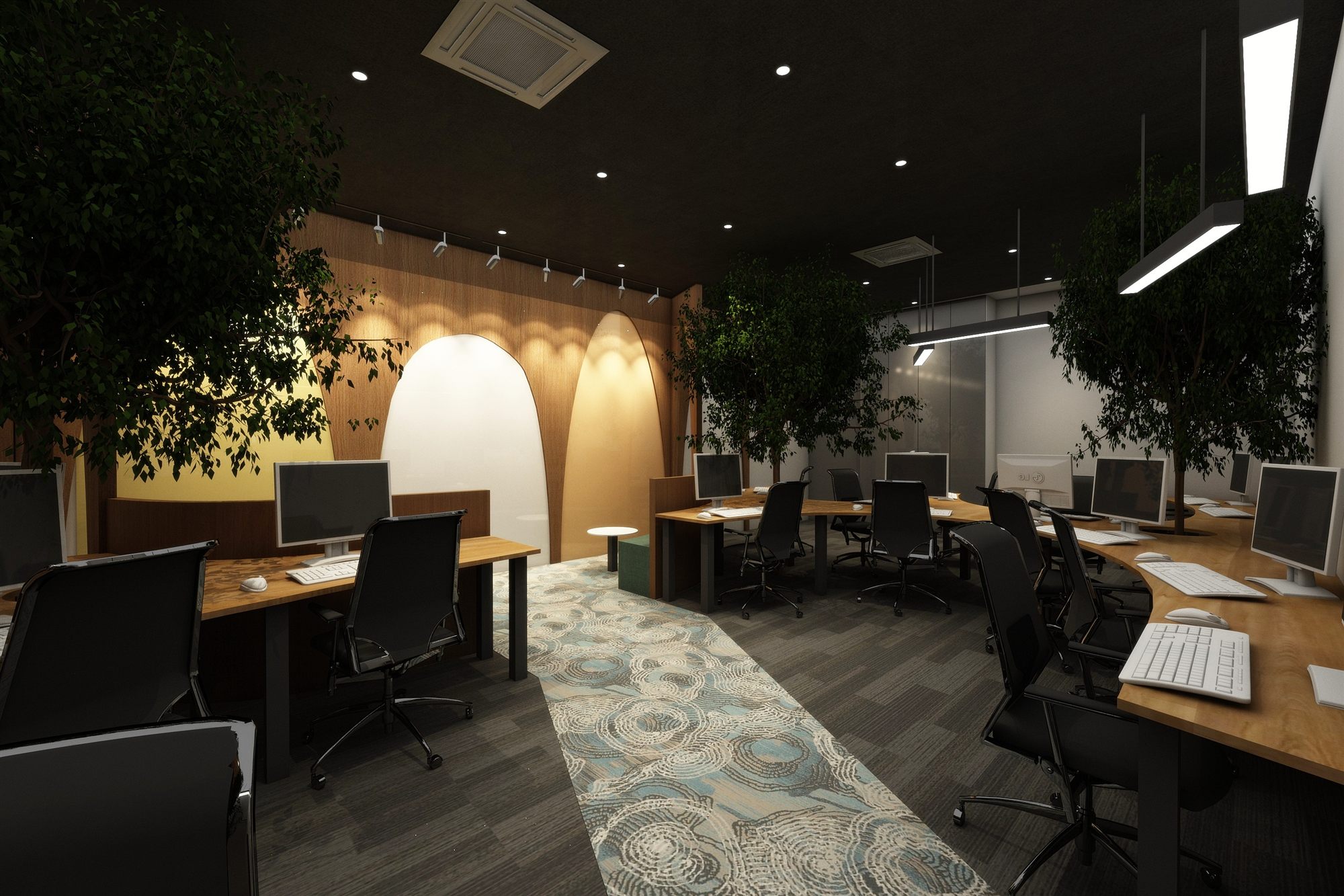 Wide open-office view with bench desking, illuminated arch niche, biophilic greenery and a patterned terrazzo runner.