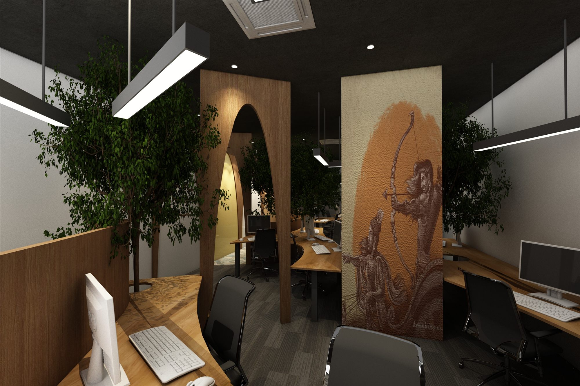 Workstation cluster with a dramatic mythological archer mural, arched wood passage and lush indoor trees.