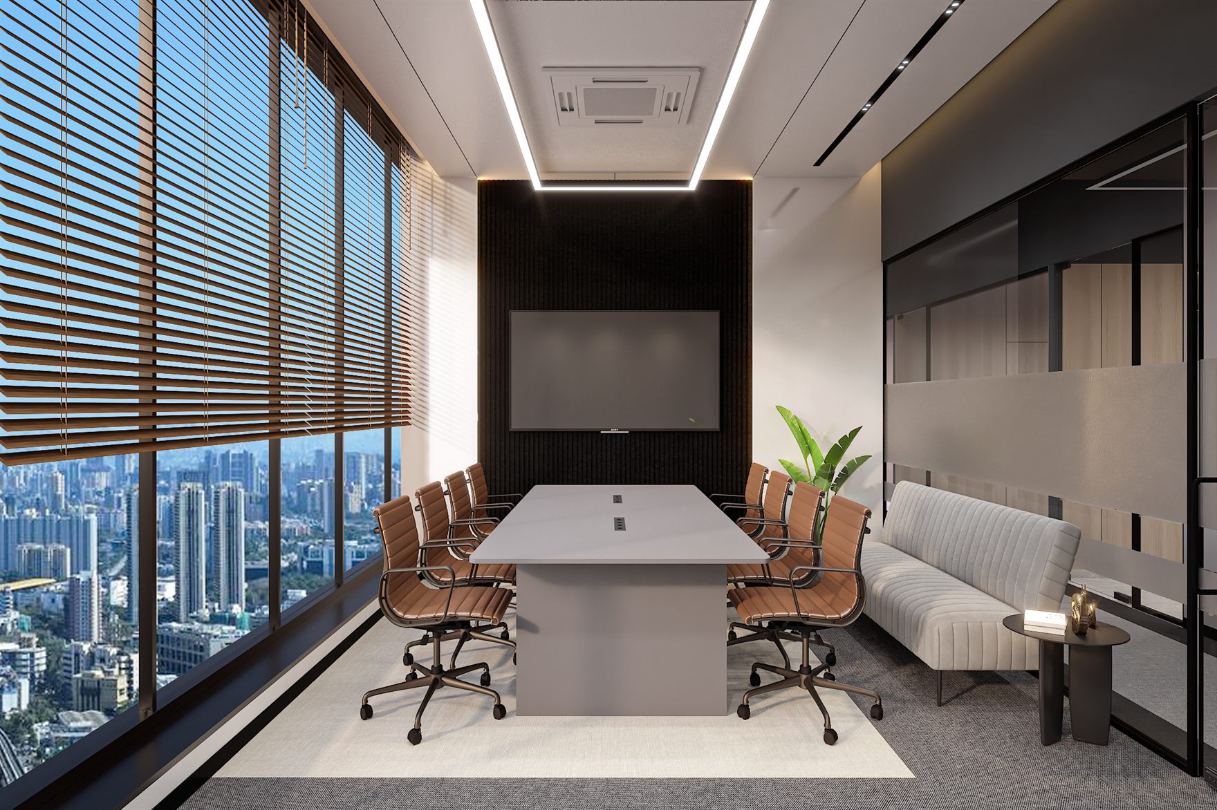 Reception with a black desk below a blue ship-shaped Somis logo on a white wall, timber-panelled side walls, olive-green tub chairs around a black coffee table and a sailboat painting, under a linear-lit ceiling on grey marble floor