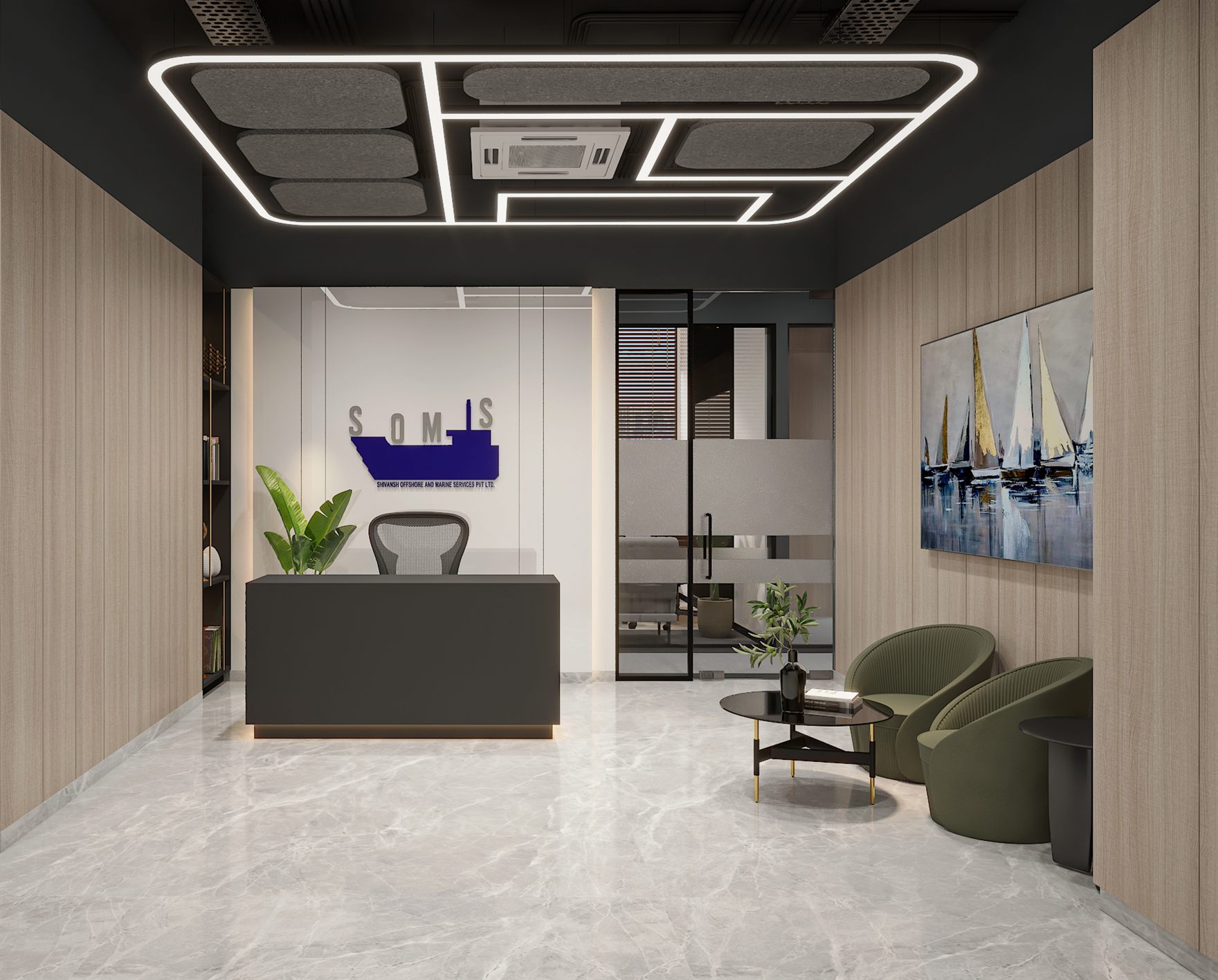 Boardroom with a white table and tan leather chairs beside a floor-to-ceiling window with timber blinds overlooking the city, a wall-mounted screen on a fluted black panel and a cream banquette