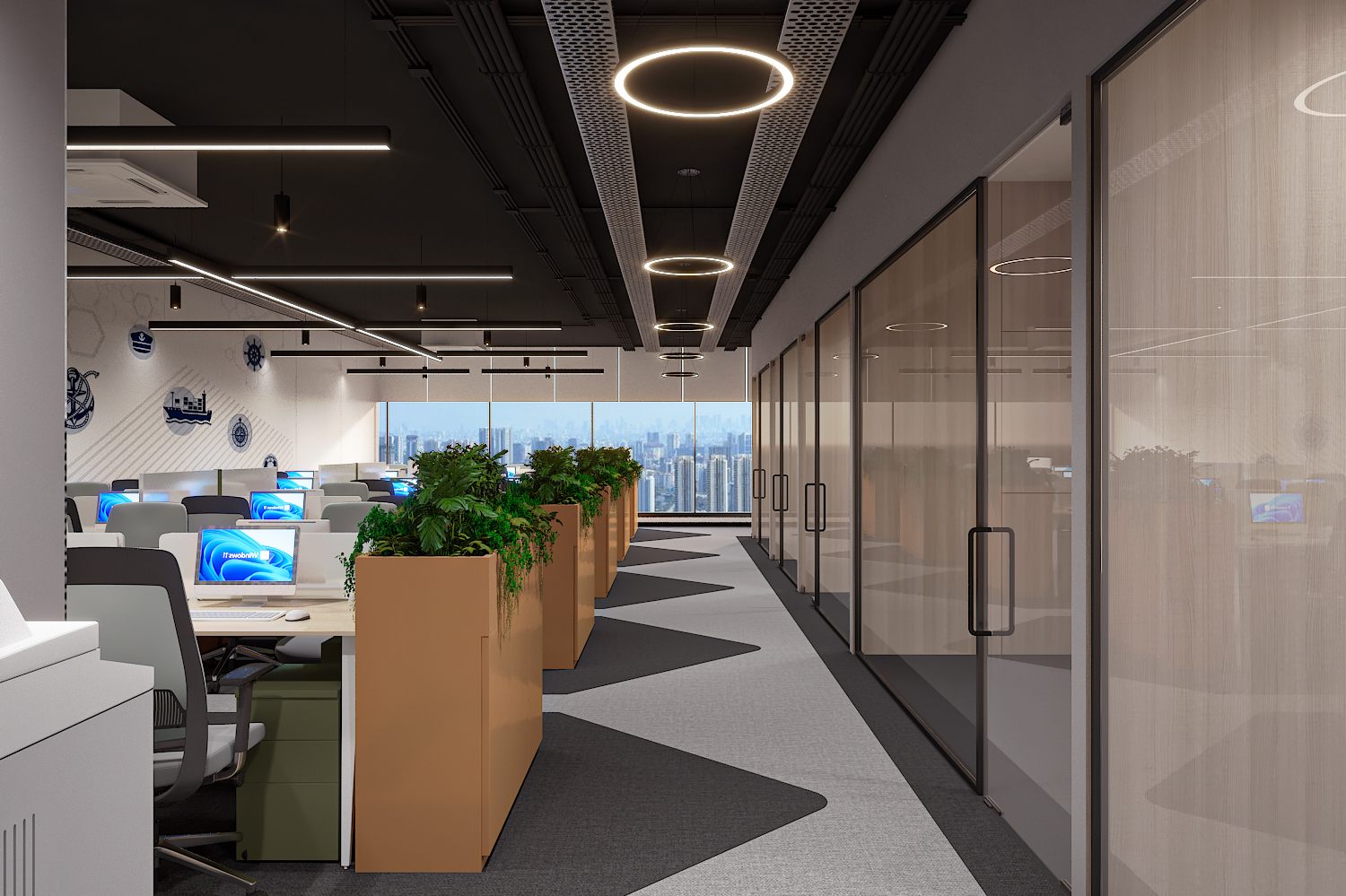 Reception area with a black desk under the blue ship-shaped Somis logo, olive tub chairs, sailboat painting and timber-panelled walls beneath a geometric linear-light ceiling