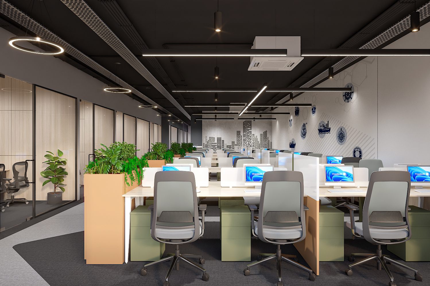 Open workstations with white desks and blue iMac screens, grey mesh chairs, tan and olive storage pedestals, a ship painting and a city-skyline wall graphic with nautical motifs