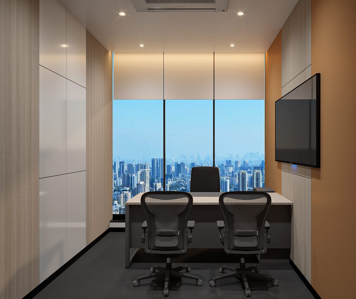 Manager cabin with a wood-and-dark desk, two black mesh chairs, wall-mounted screen and floor-to-ceiling glazing framing a city skyline