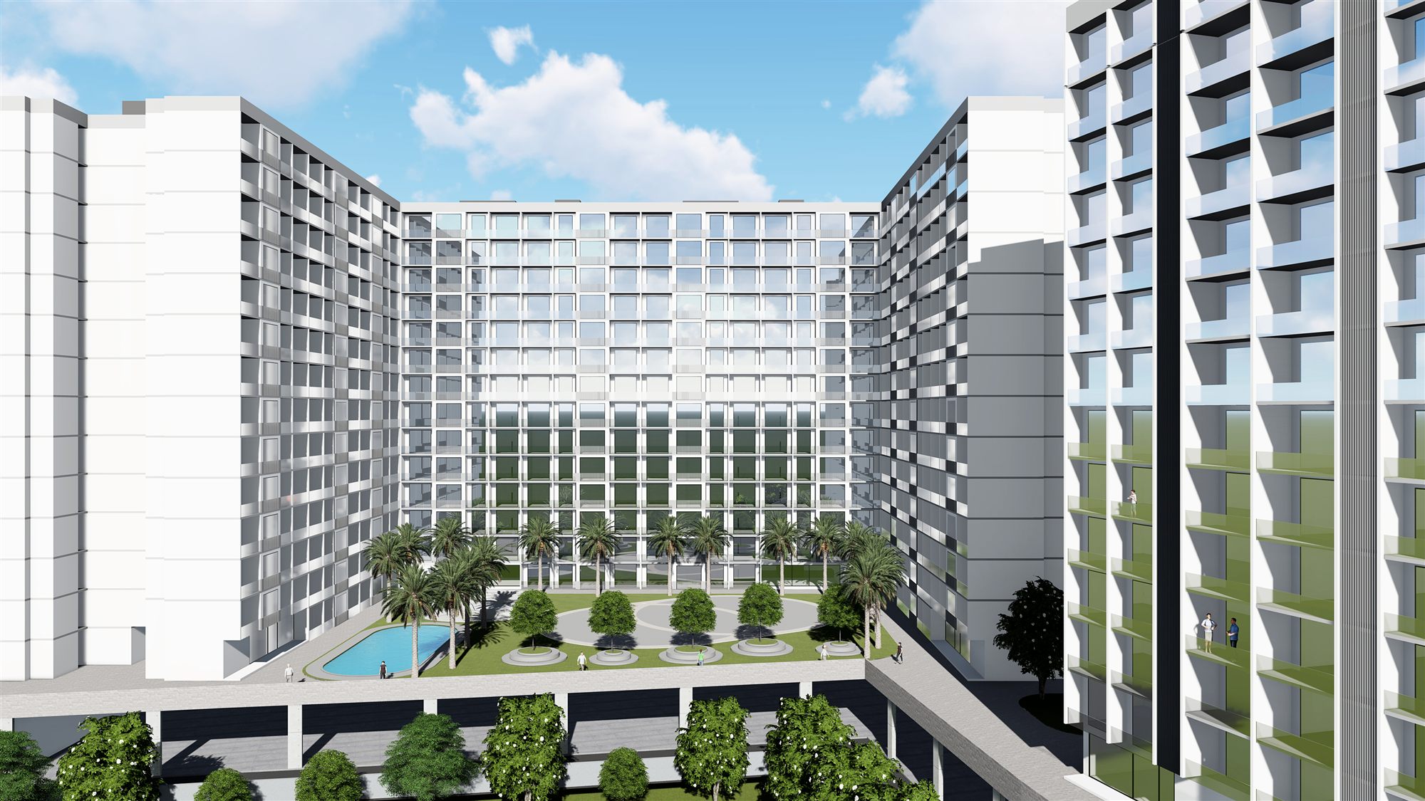 Aerial view of the U-shaped tower cluster framing a landscaped podium courtyard with pool and palm rows.