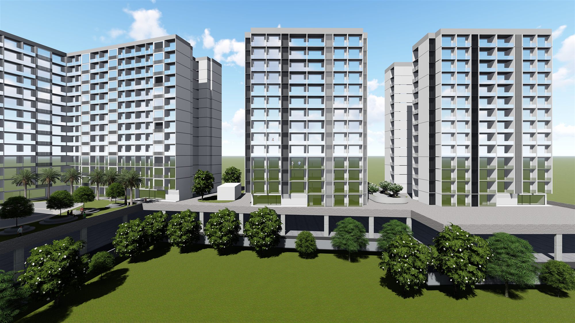Street-level elevation of the white G+13 towers with rhythmic balconies above a landscaped green frontage.
