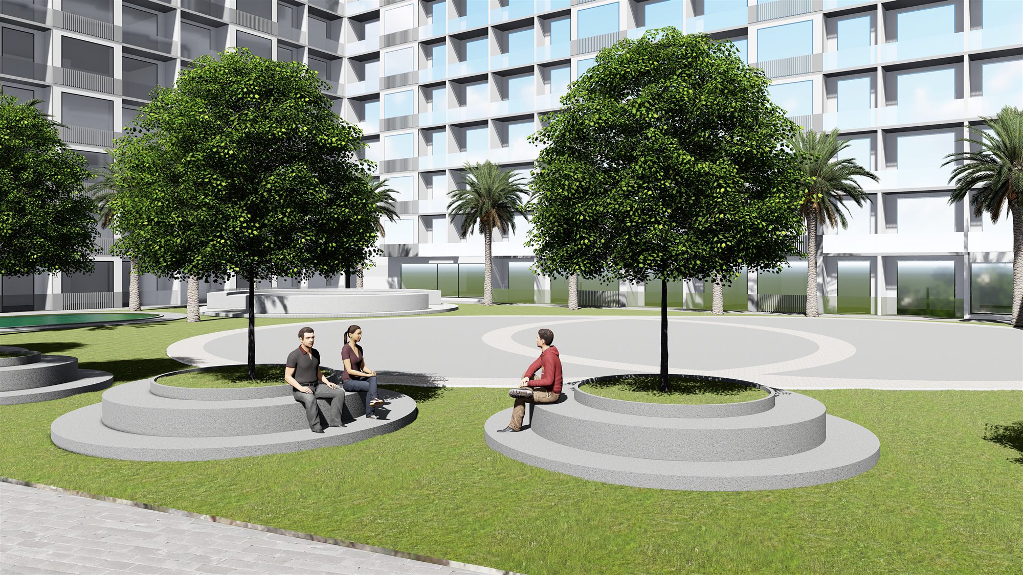 Ground-level courtyard render with circular tree planters and seating, residents relaxing beneath shade trees.