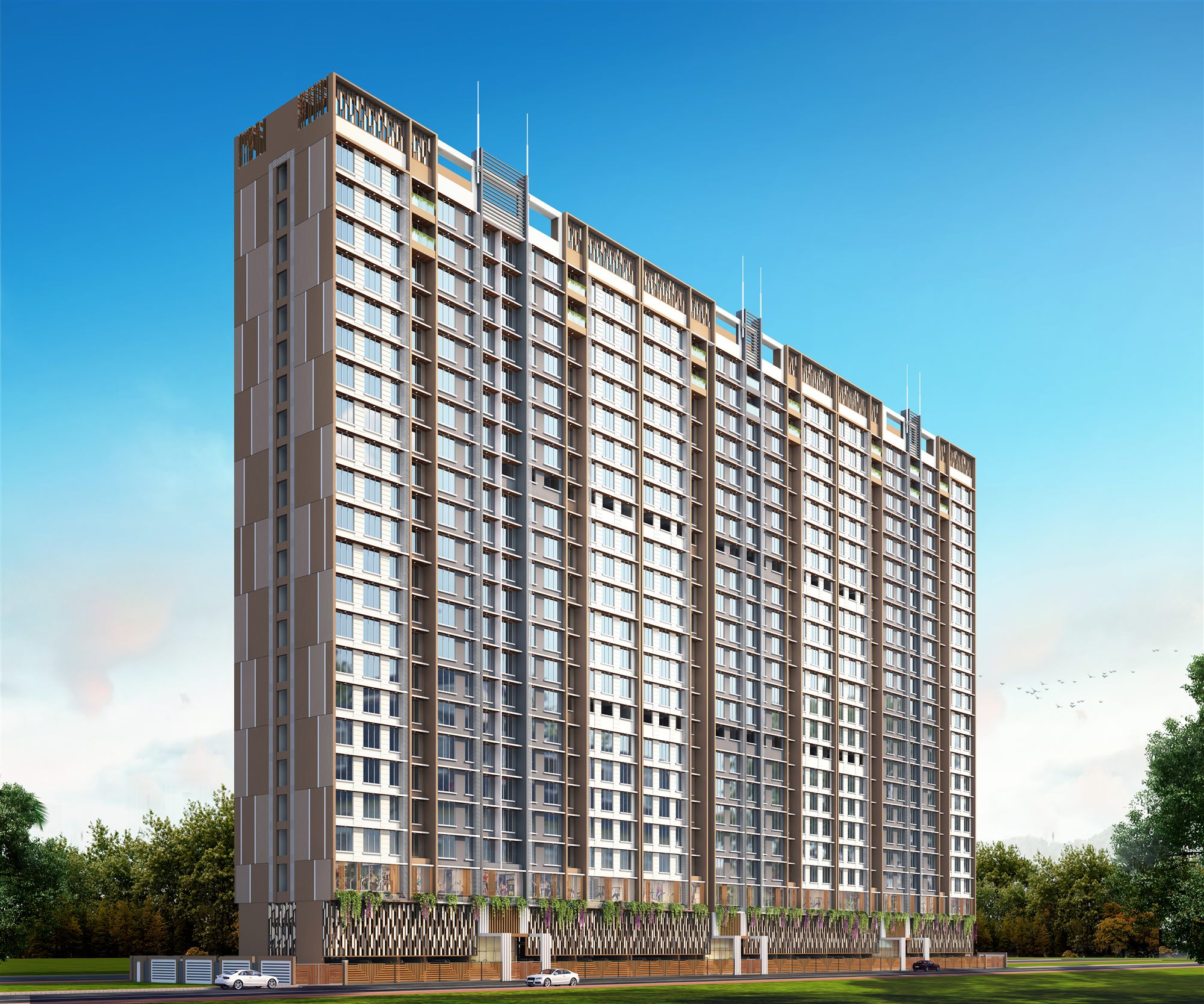 Hero daytime render of the full Swastik Platinum tower with a textured grille facade and planted podium.