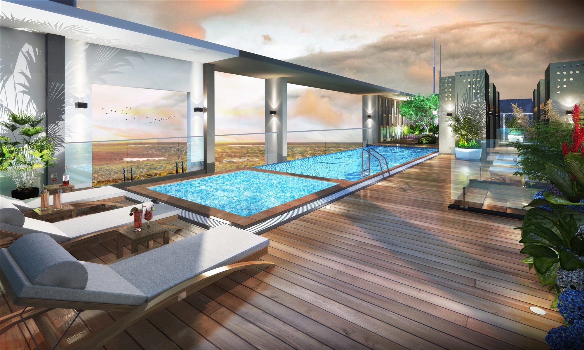Elevated infinity pool deck with timber flooring, loungers and open skyline views at dusk.