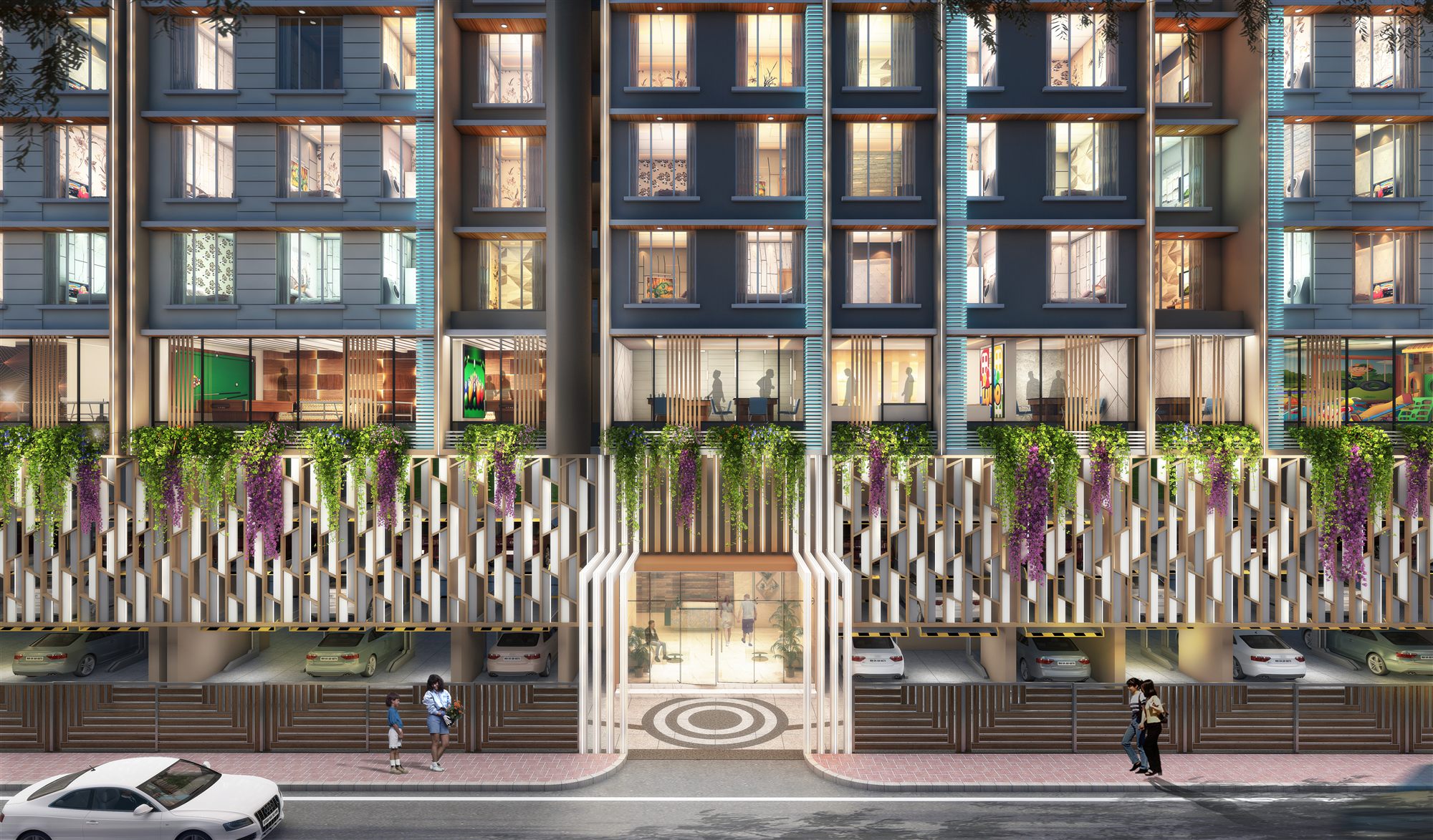 Street-level render of the Platinum tower base with a planted entrance canopy and concentric-motif entry portal.