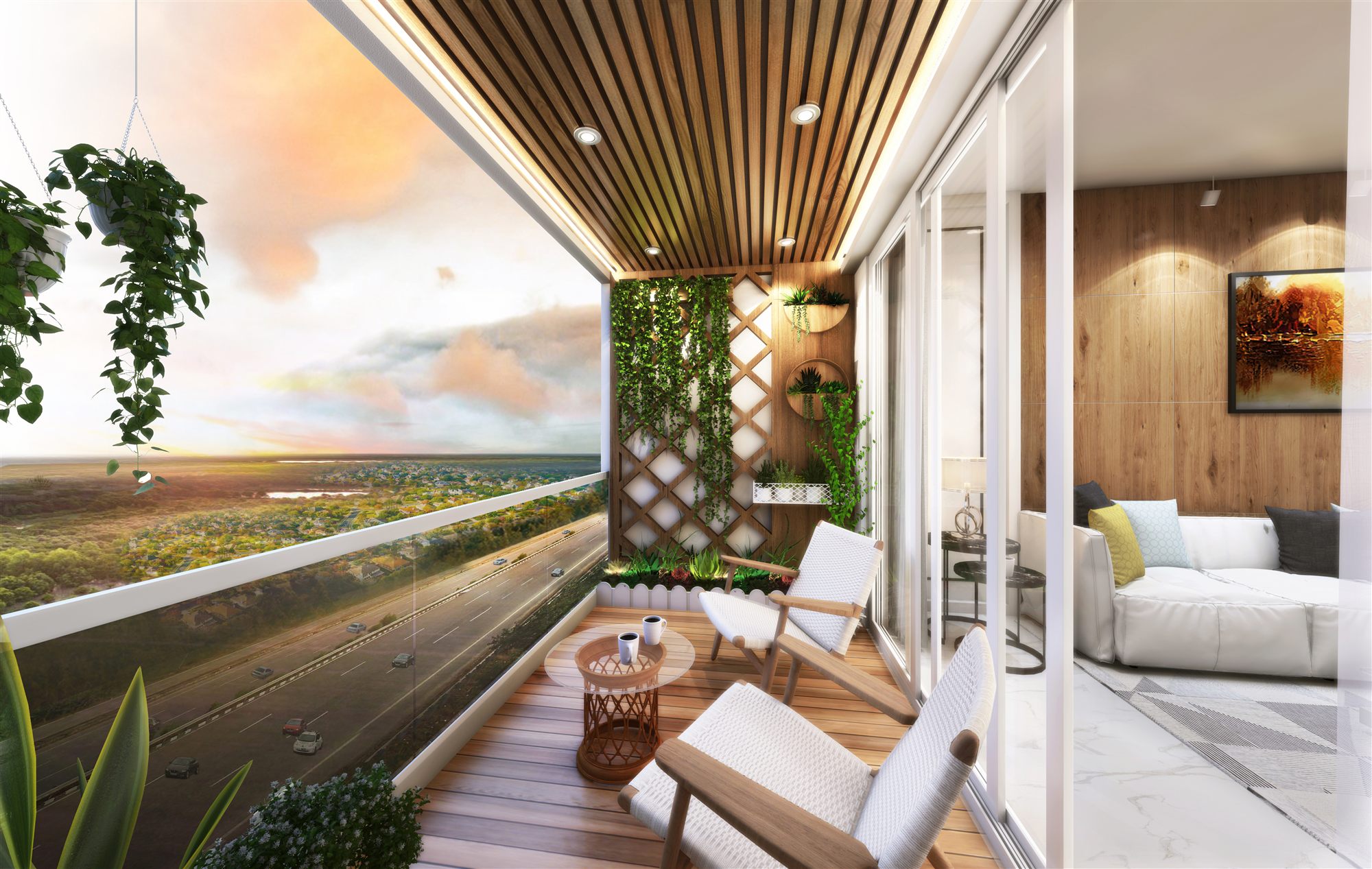 Apartment balcony with timber ceiling, vertical garden and lounge seating overlooking the highway and open landscape.