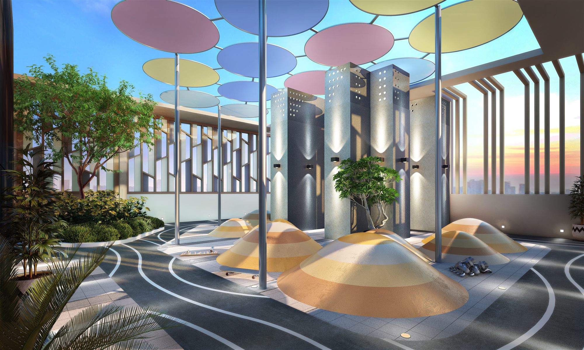 Rooftop children's play deck with pastel disc canopies, sculpted mounds and a sunset skyline backdrop.