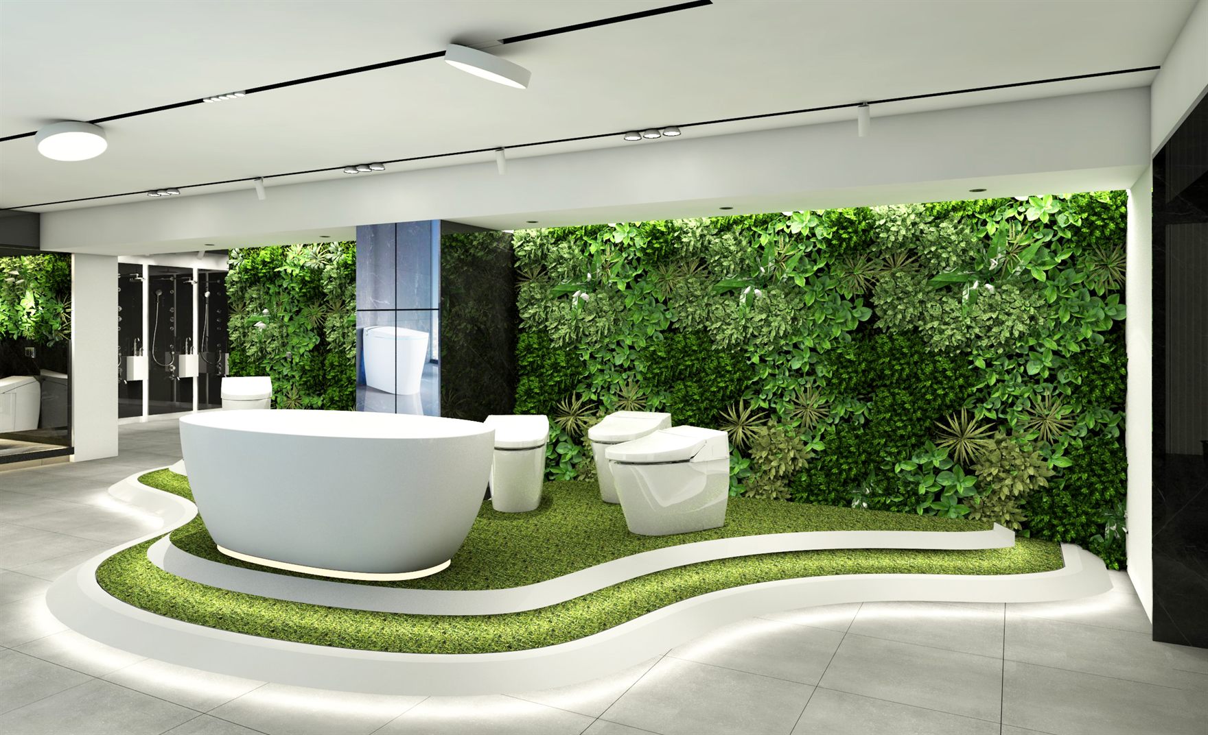 TOTO showroom render with a white freestanding oval bathtub and smart toilets set on a curved artificial-grass mound against a full-height living green wall
