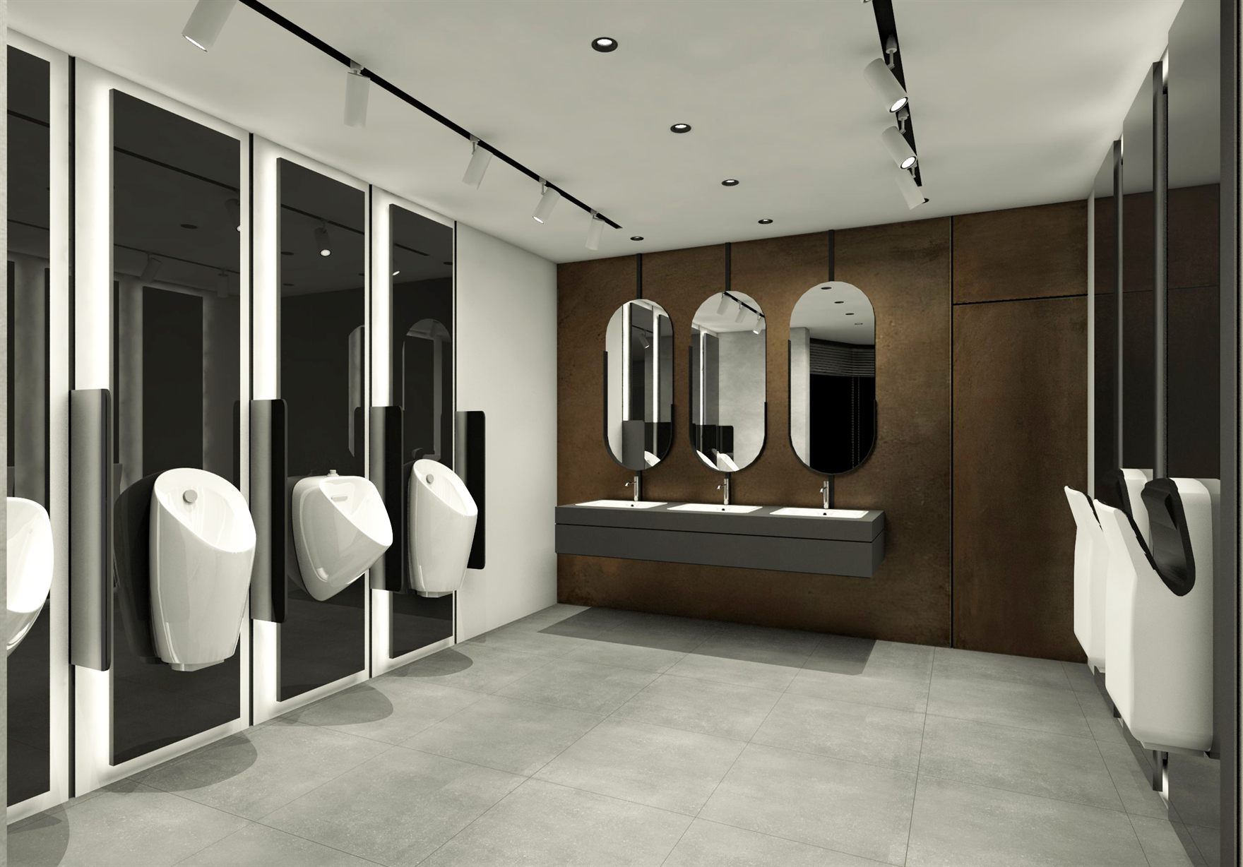 Washroom vignette with wall-mounted urinals against back-lit black glass panels and three oval mirrors over a grey vanity on a bronze wall