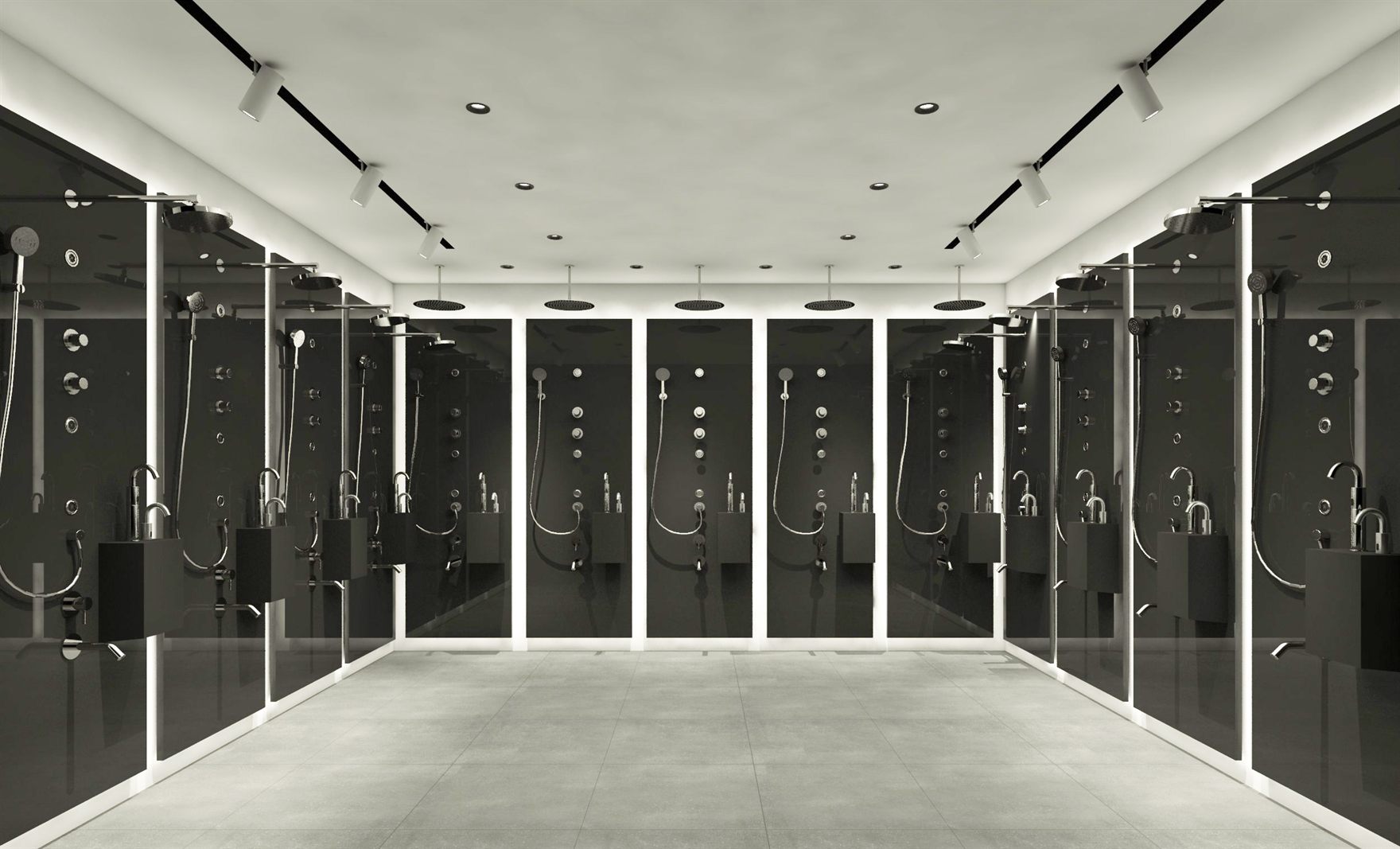 Dark shower gallery with rows of chrome shower systems mounted on black-glass panels framed by illuminated white fins