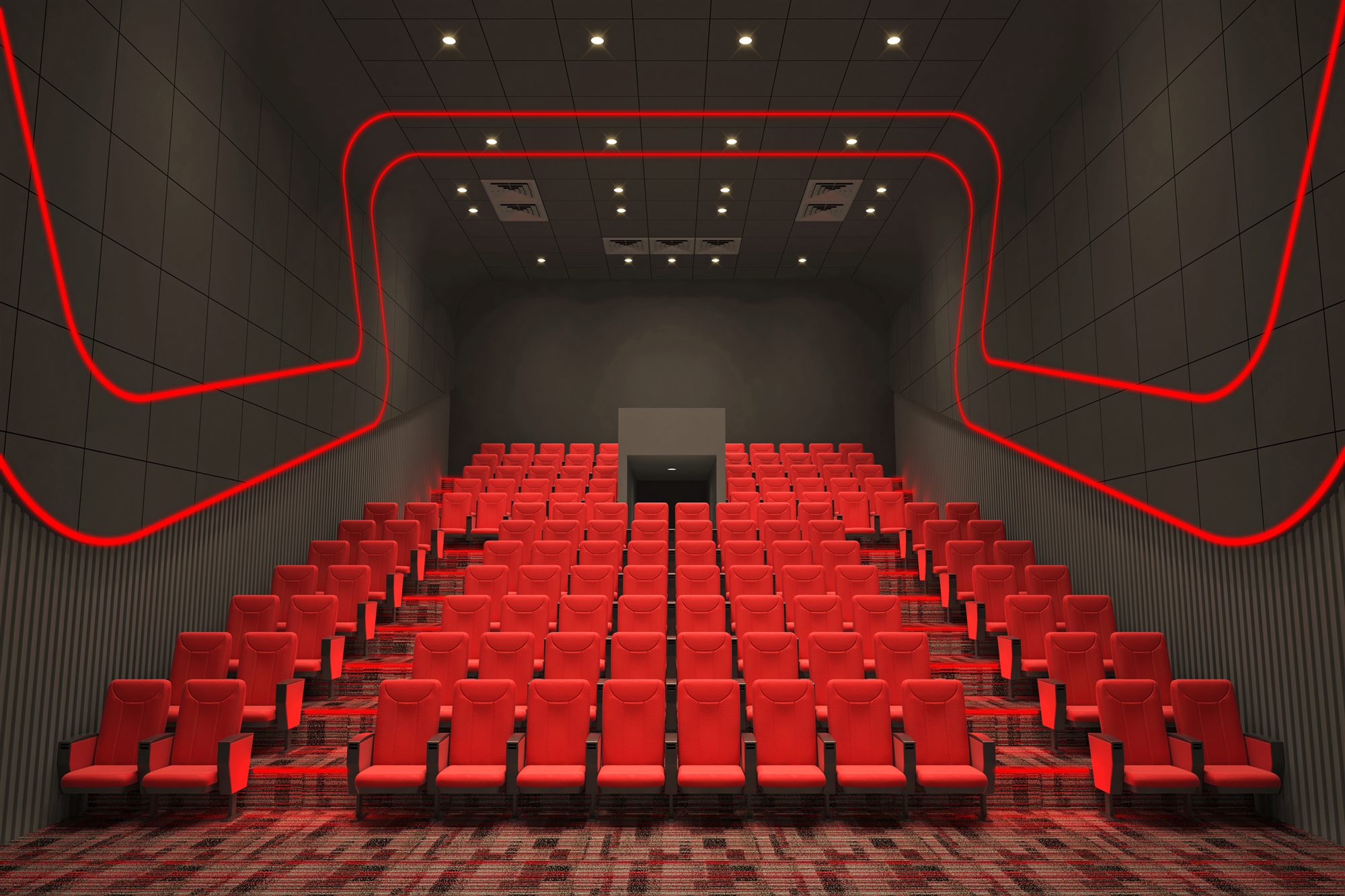 Cinema auditorium render with red recliner seating and sculptural red light-line accents wrapping the acoustic walls and ceiling.
