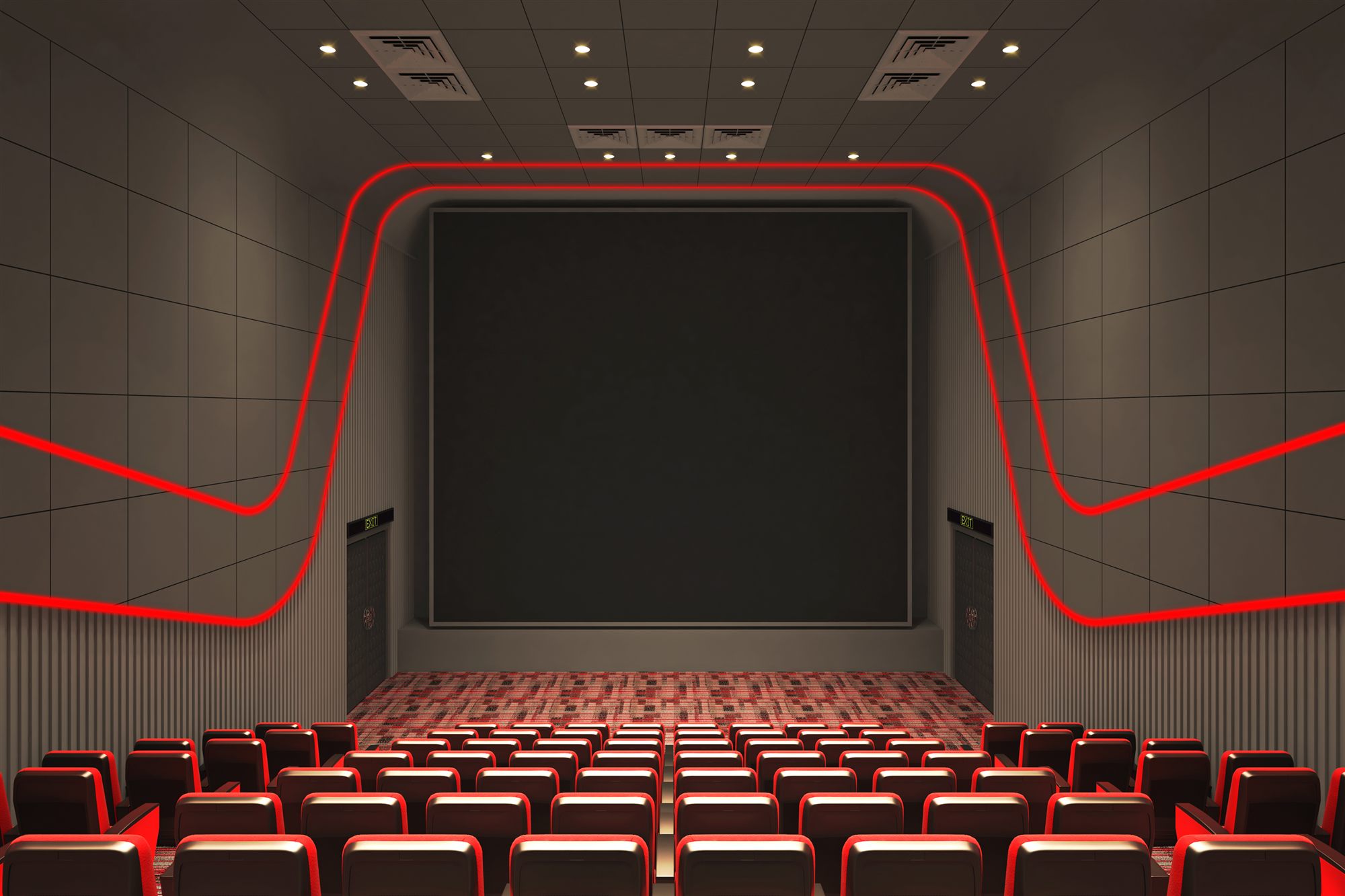 Screen-facing view of an auditorium framed by curving red neon light-lines against grey acoustic panelling.