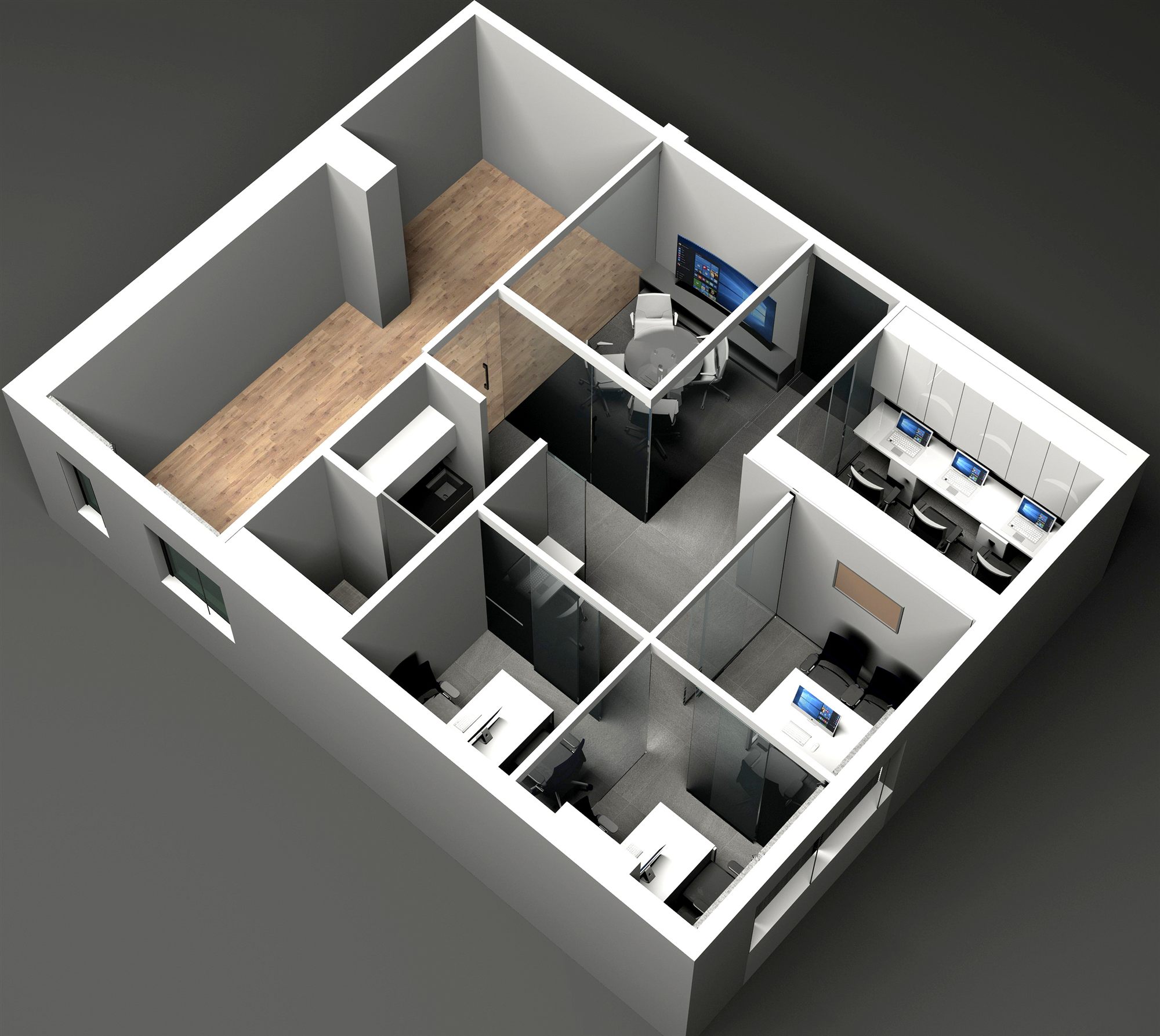Cutaway render foregrounding the conference cabin and workstation bay, with the wooden circulation corridor sweeping across the upper left.
