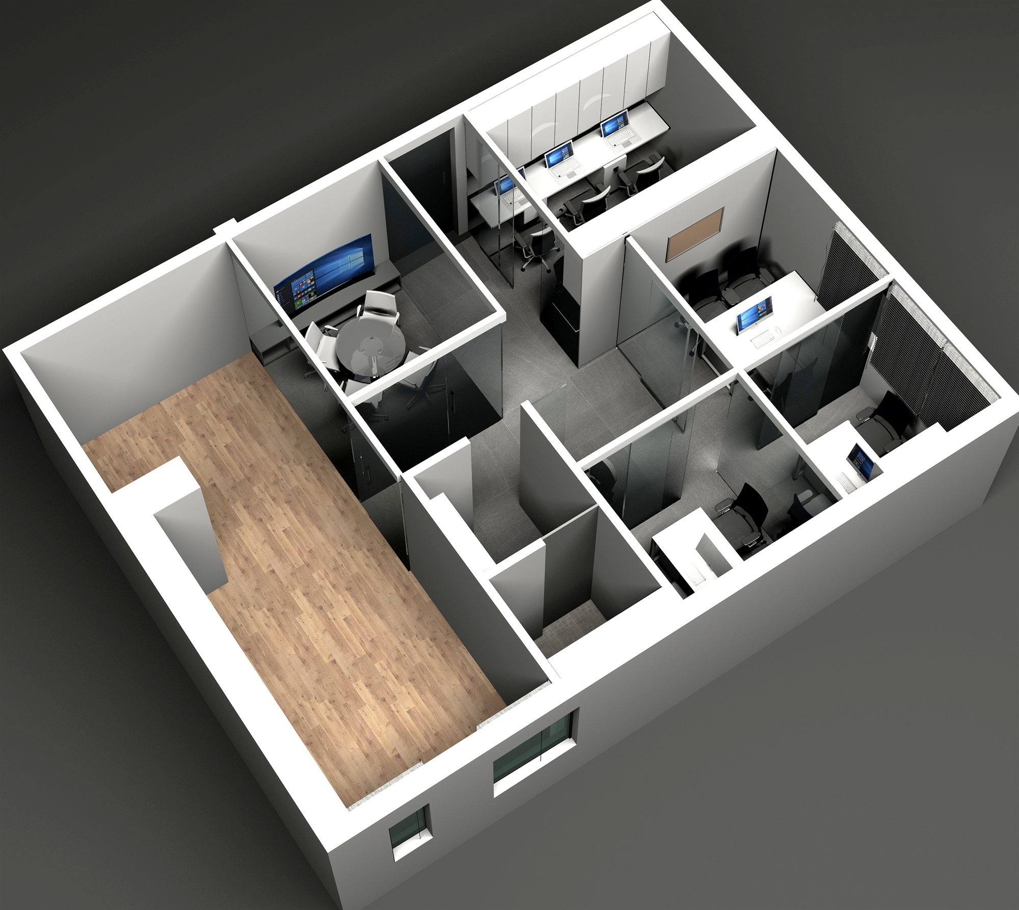 3D cutaway showing the meeting cabin with display screen, clustered cabins and the long wood-floored reception passage.