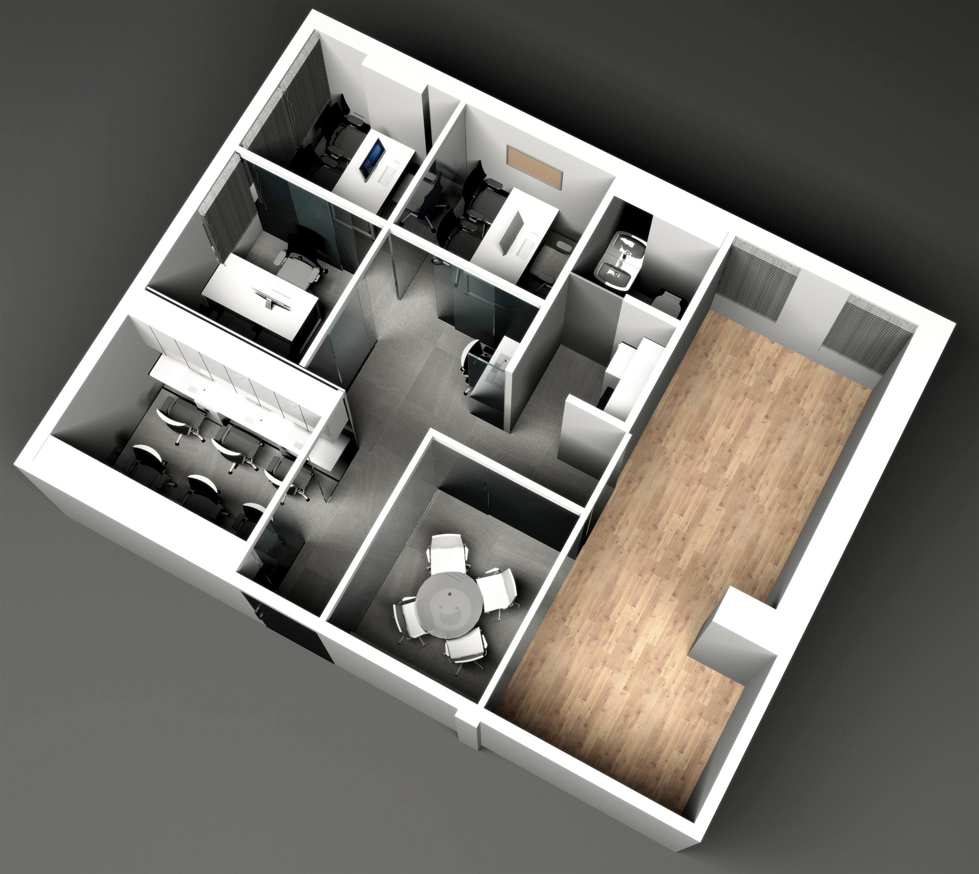 Top-down 3D cutaway from an alternate angle, highlighting the cafeteria/breakout seating, cabins and the wood-floored reception spine.