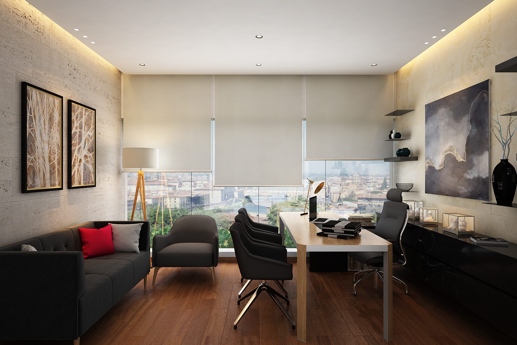 Private director's cabin with a warm timber desk, dark lounge sofa, board-formed concrete wall and floor-to-ceiling city views.