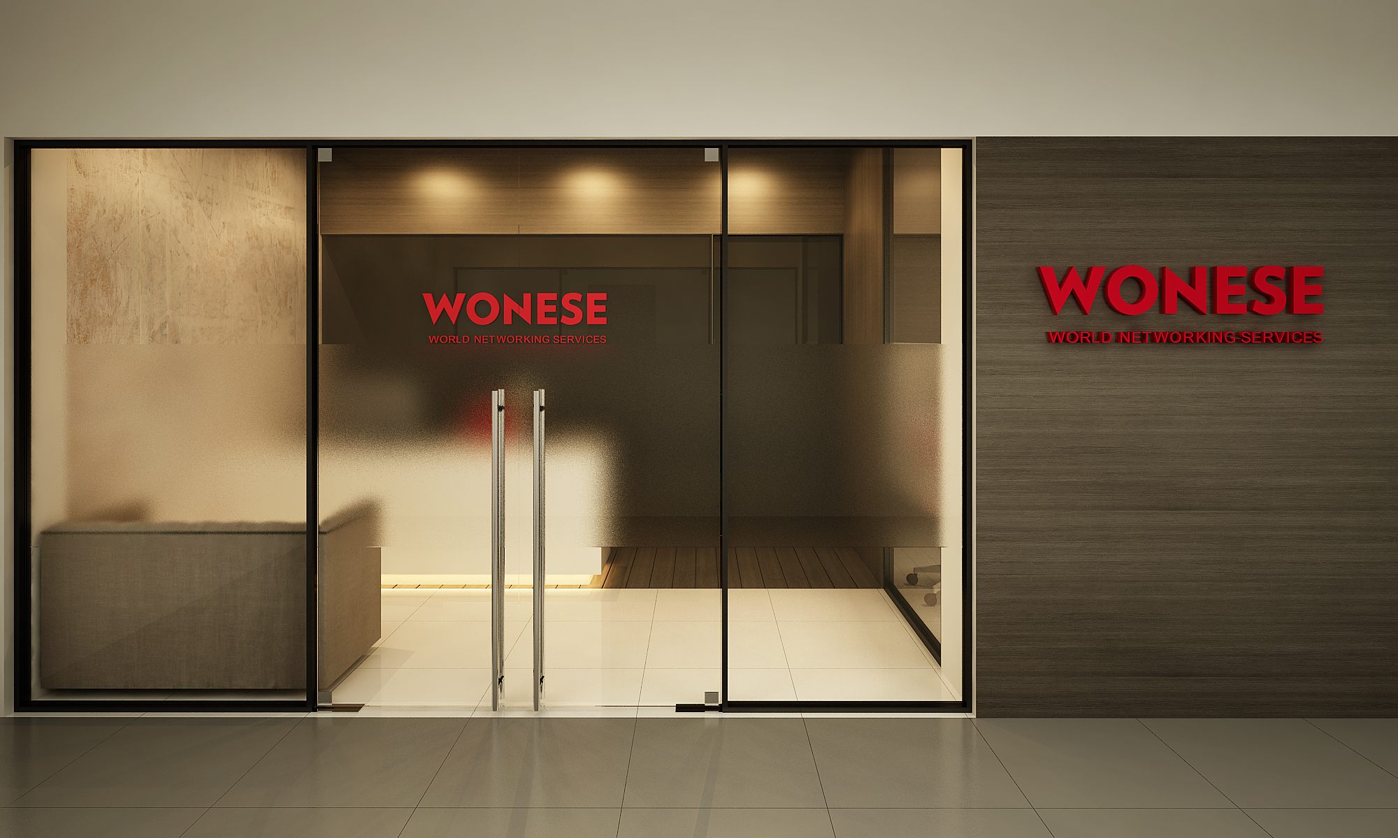 Glazed storefront entrance with frosted glass doors and the red WONESE, World Networking Services logo on a wood-clad pier.